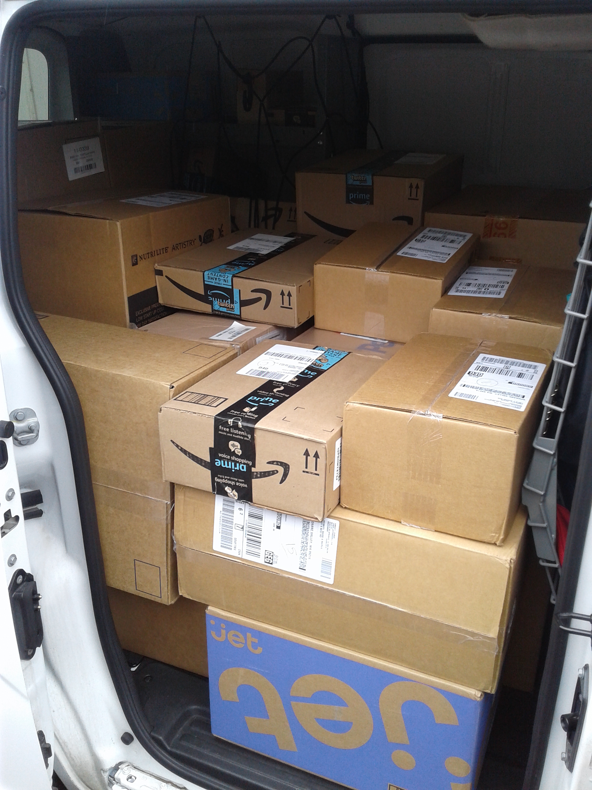 A Go Joe Xpress van loaded with about 70 deliveries, mapped and optimized on the company app, stacked in order and ready to go!